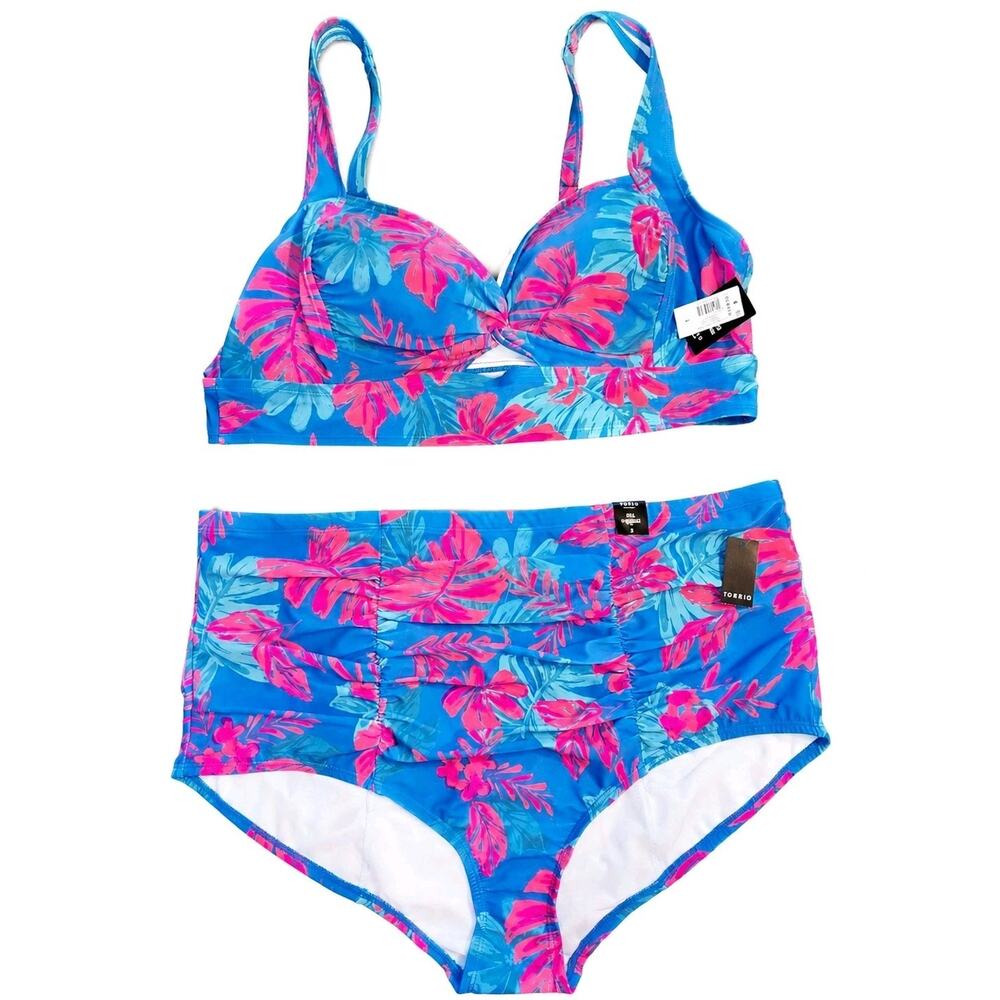 New Torrid 3X NWT Pink and Blue Floral Bikini Set Full Coverage Ruched Swim Suit